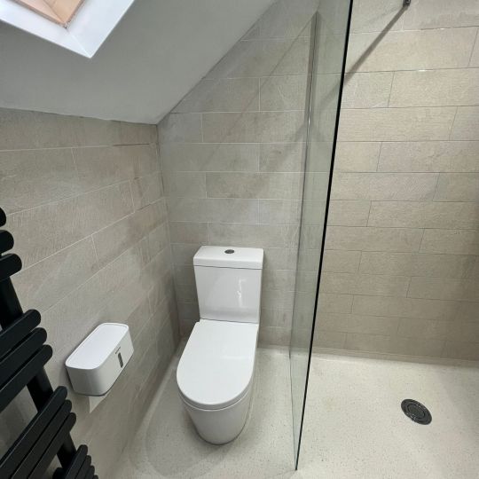 Toilet next to shower screen in wet room